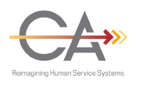Grey, red and orange logo with arrow pointing to the right: CA Reimagining Human Services